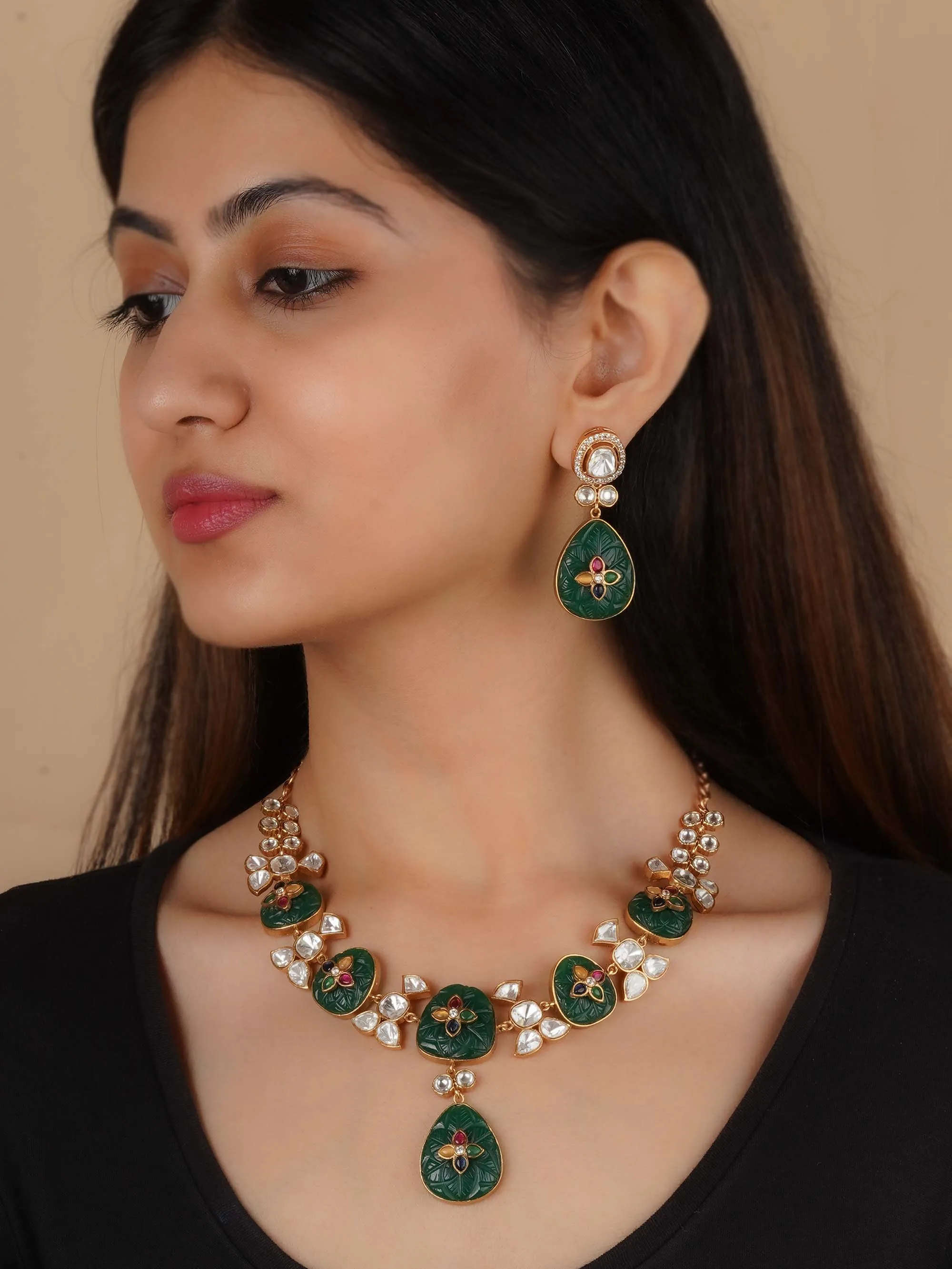 Gold Plated Faux Polki Necklace Set - PK-S220