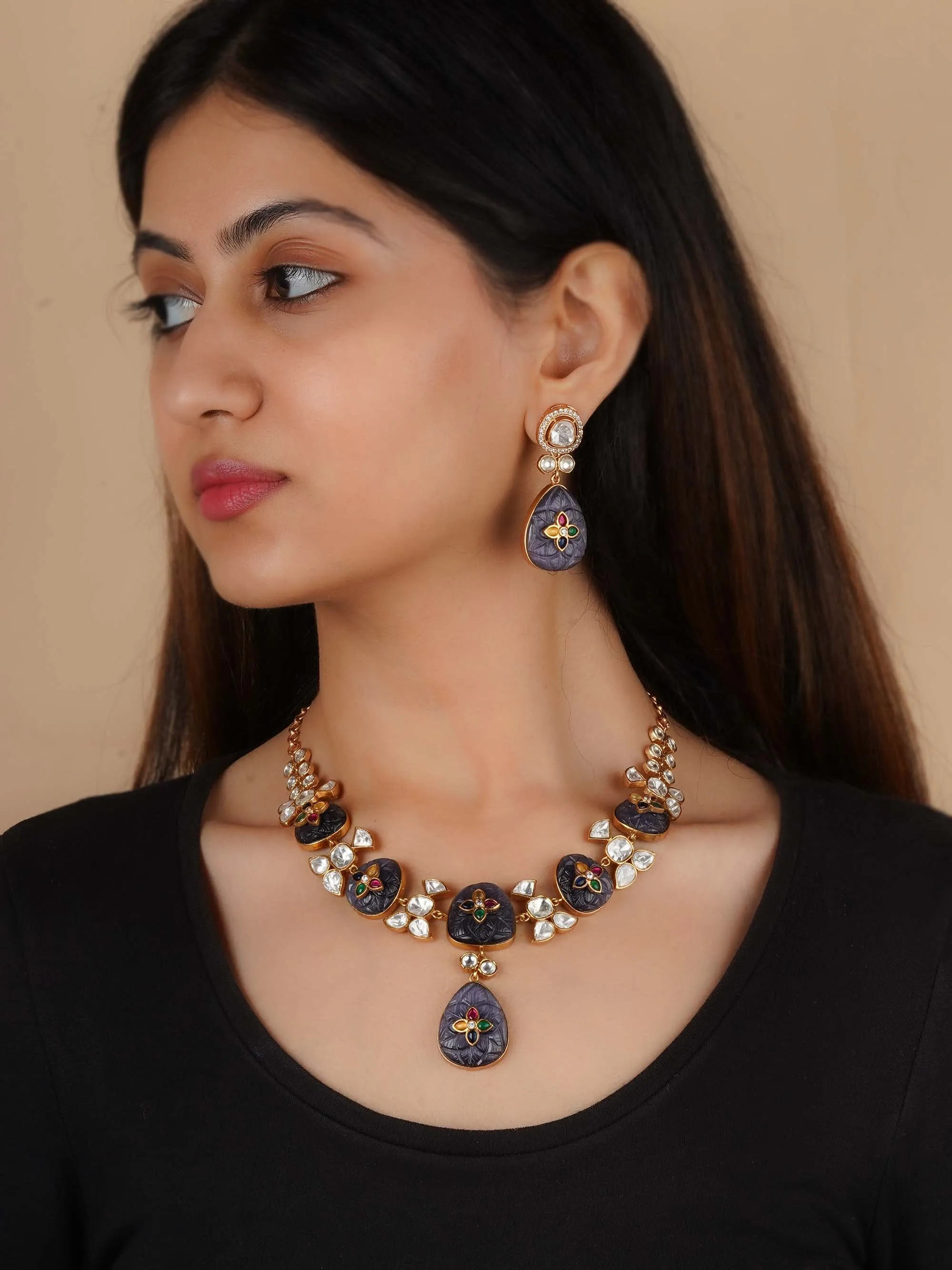 Gold Plated Faux Polki Necklace Set - PK-S220