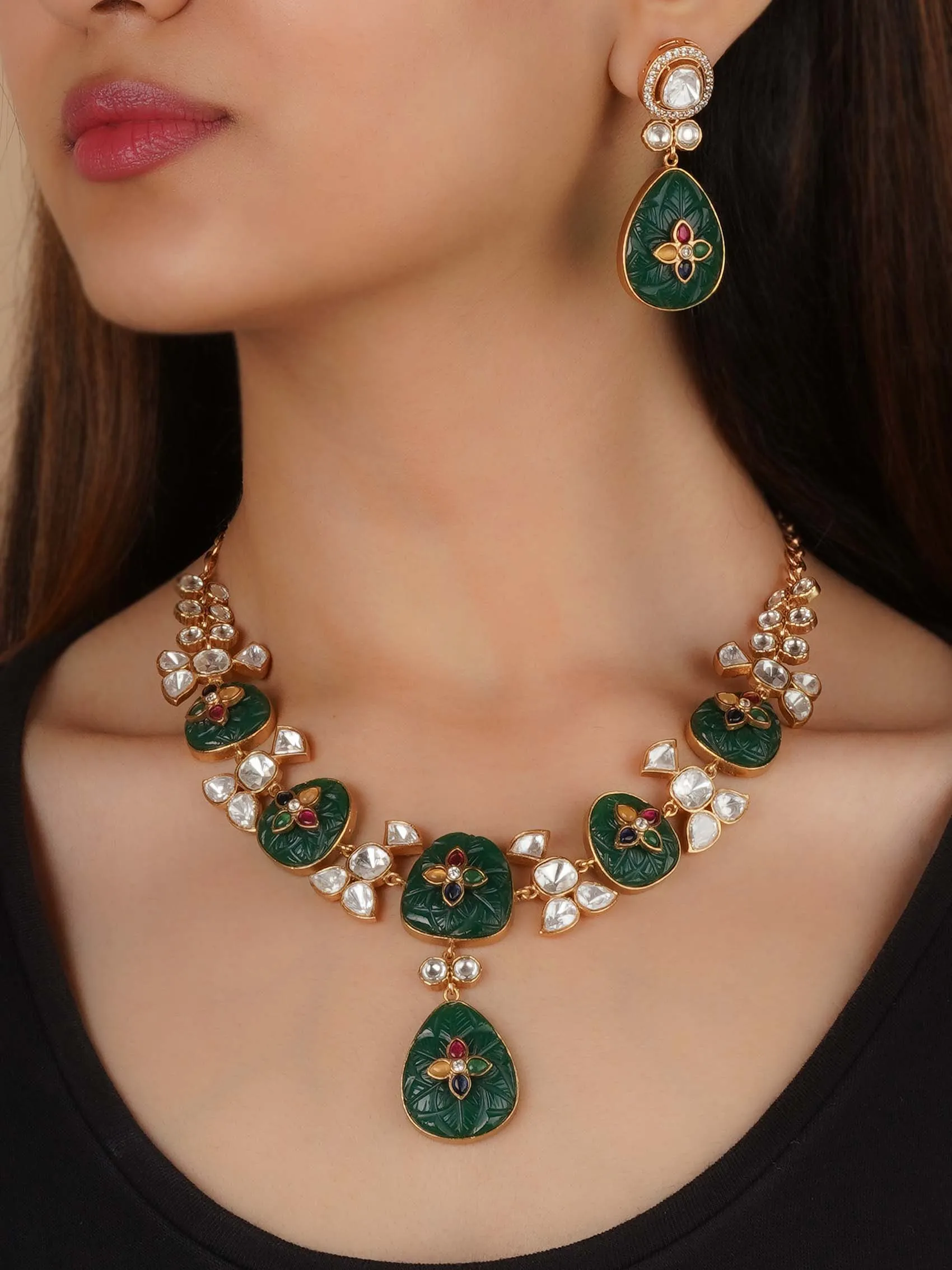 Gold Plated Faux Polki Necklace Set - PK-S220