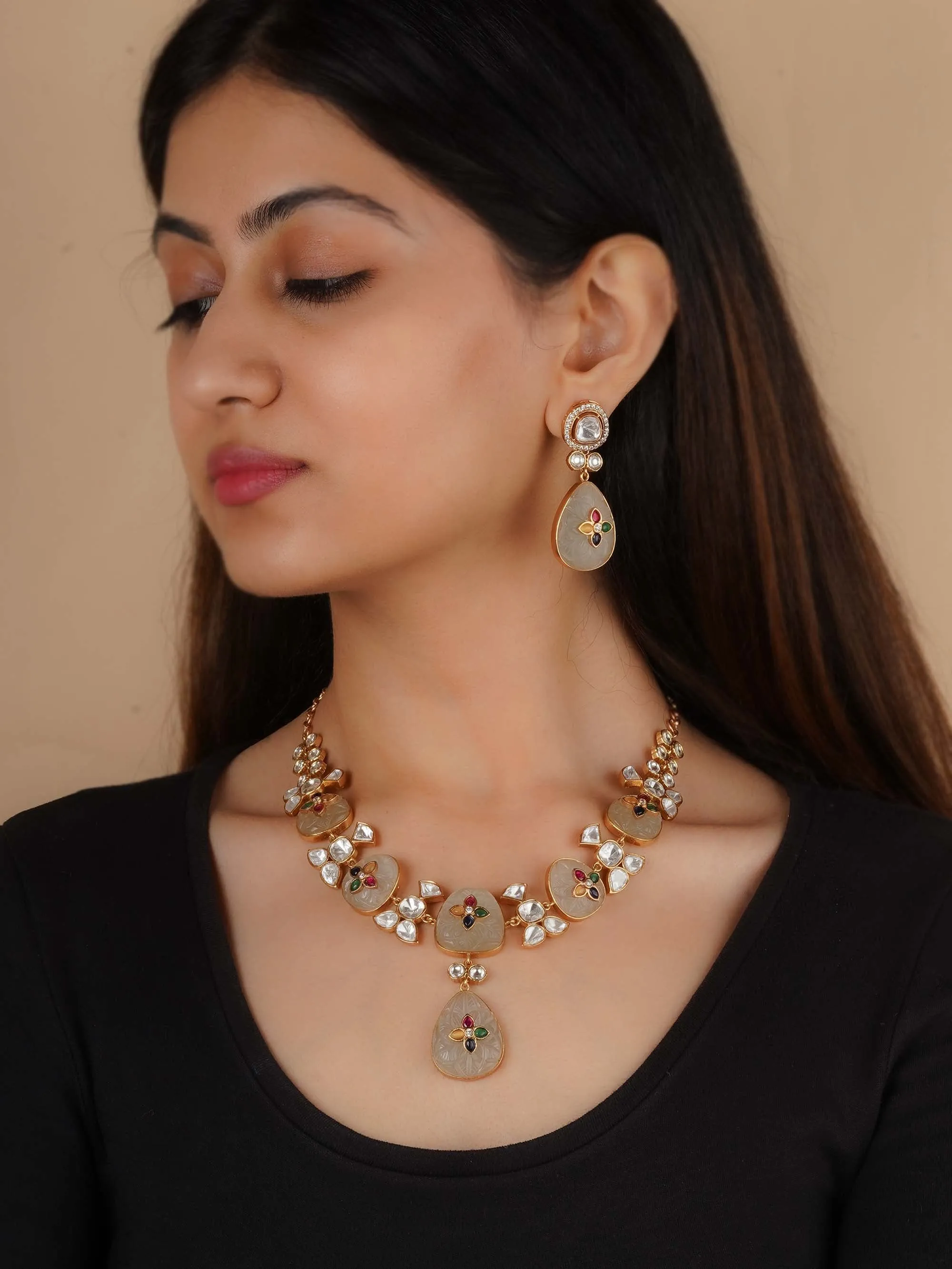 Gold Plated Faux Polki Necklace Set - PK-S220