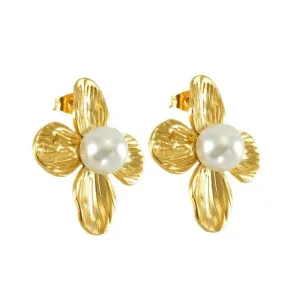 Gold-Plated Flower Stud Earrings with Simulated Pearl – Trendy Stainless Steel Earrings