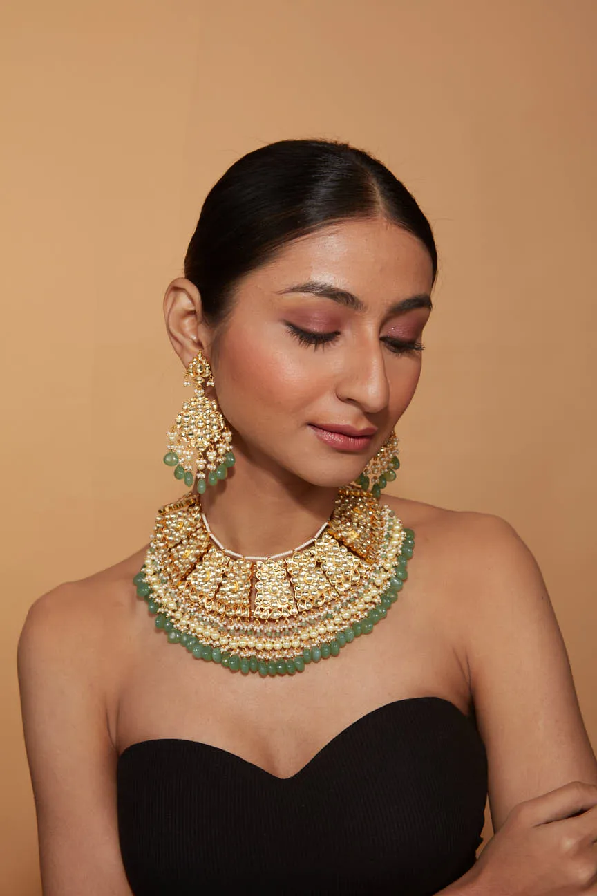 Gold Plated Kundan Polki Green Bead Drop Choker Necklace & Chaandbali Earrings Set