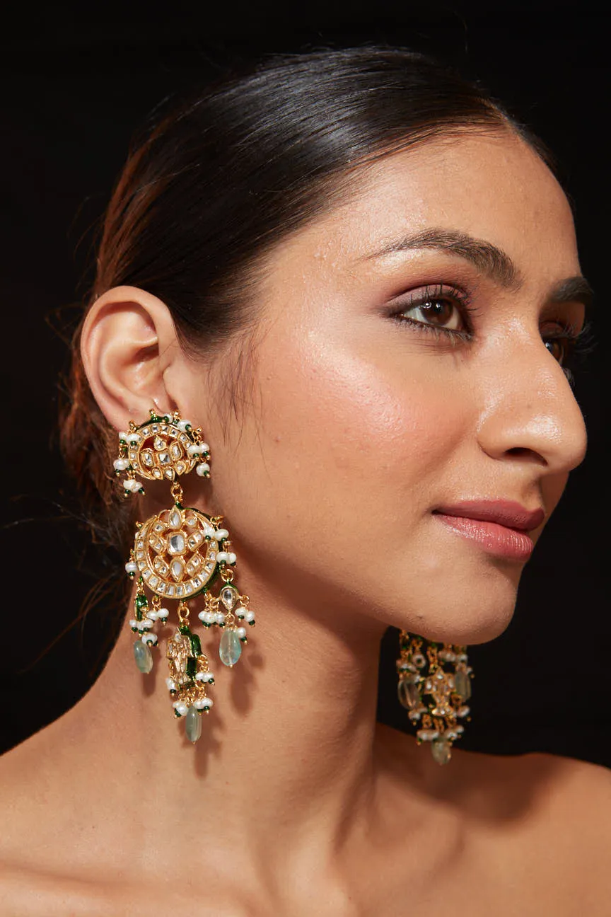 Gold Plated Kundan Studded Meenakari With Green Beads Drop Dangle Earrings