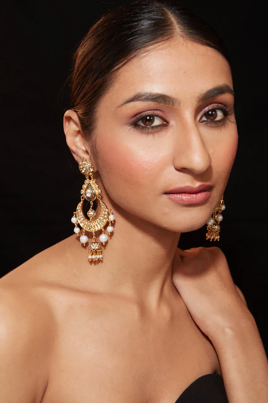 Gold Plated Kundan With Pearl Drop Chaandbali Earrings