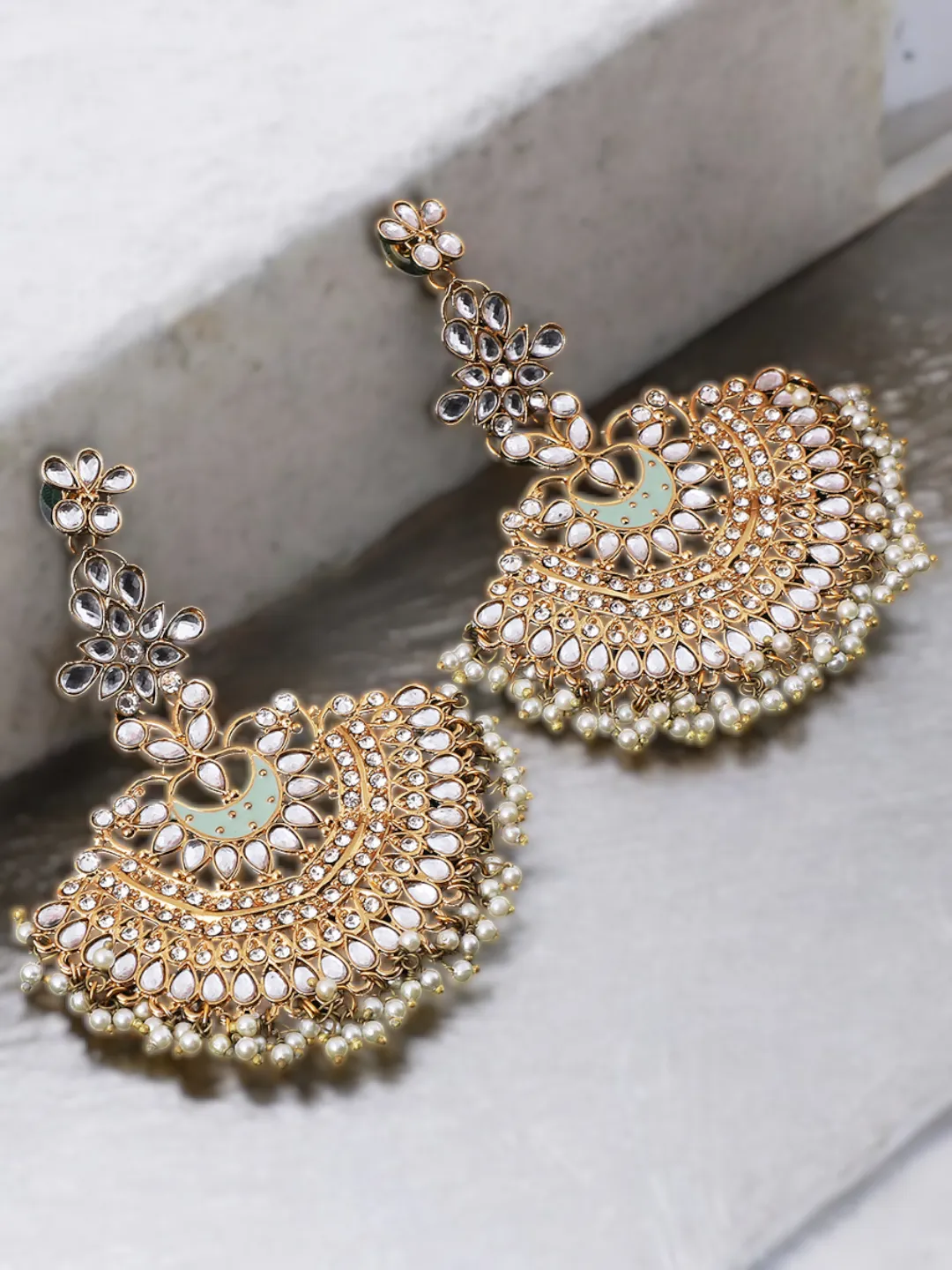 Gold Plated Partywear Meenakari Kundan studded Pastel Colour Earring Set