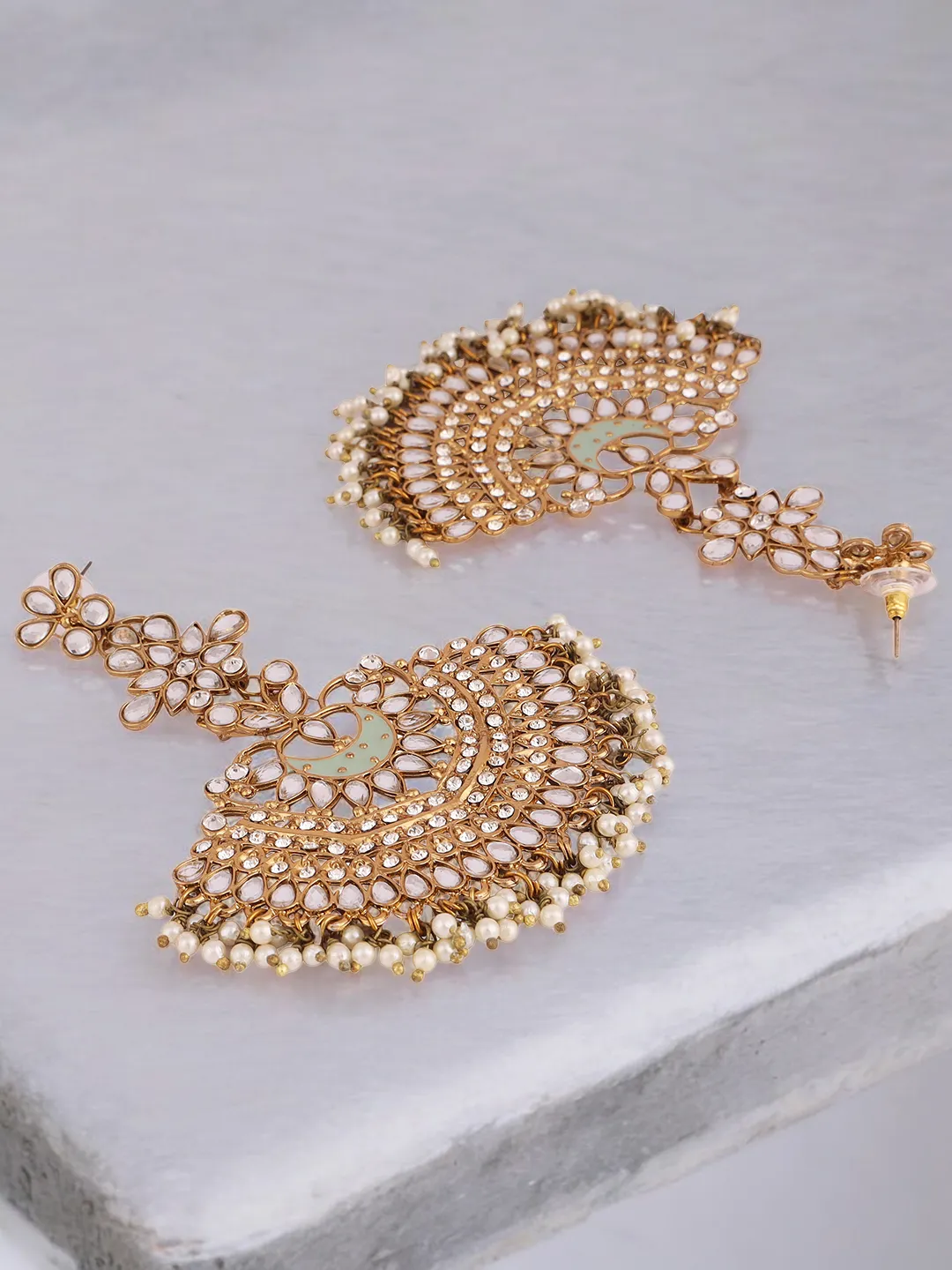 Gold Plated Partywear Meenakari Kundan studded Pastel Colour Earring Set