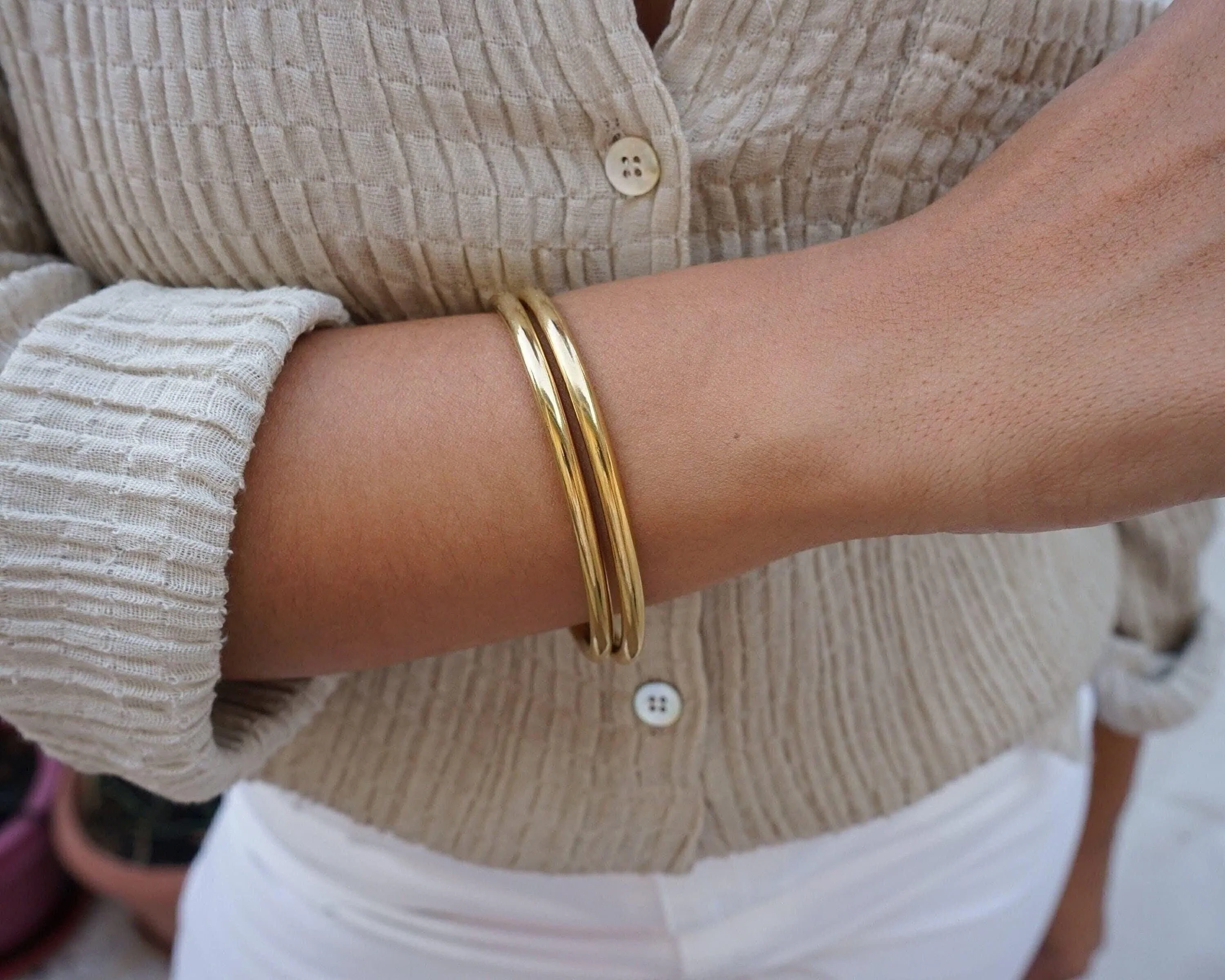 Gold Thick Flat Oval Bangle Cuff