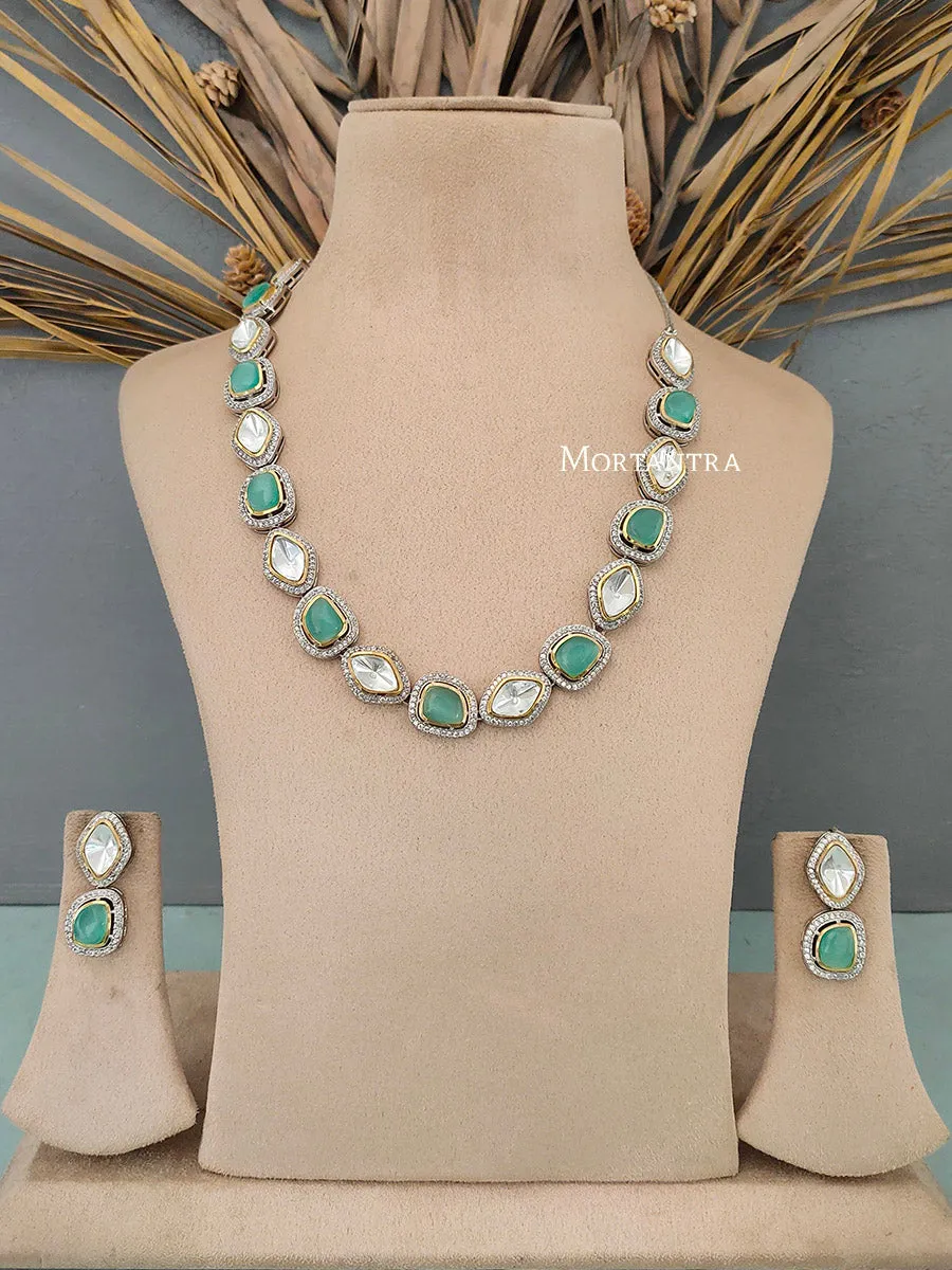 Green Color Faux Polki Necklace Set - PK-S10MT