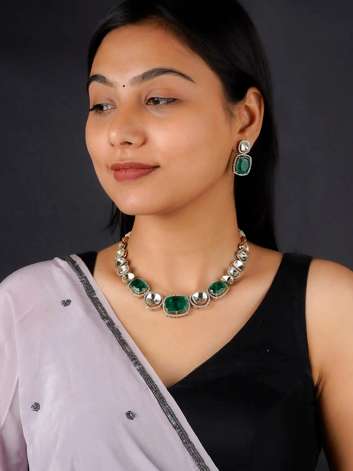 Green Color Faux Polki Necklace Set - PK-S38