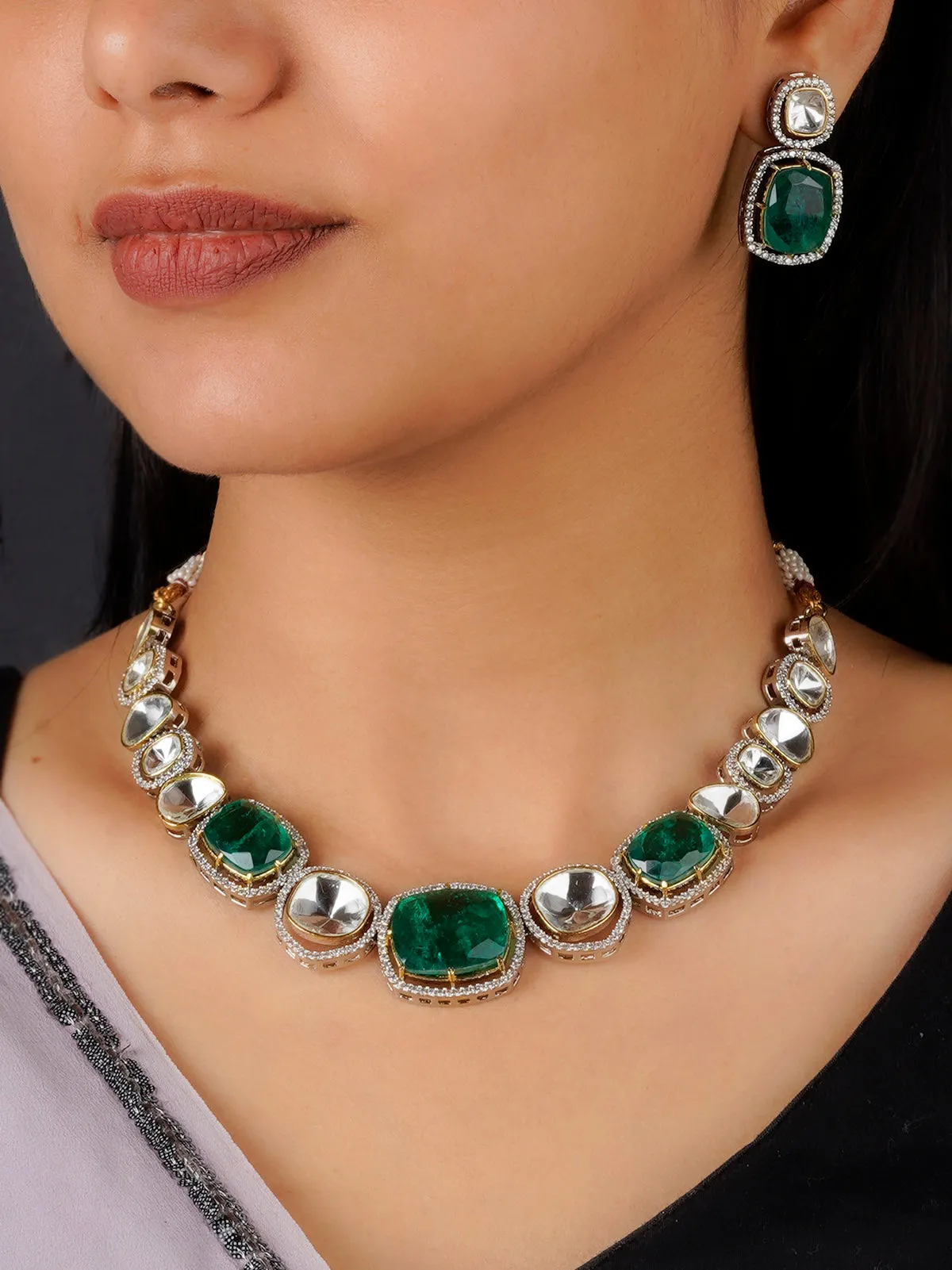 Green Color Faux Polki Necklace Set - PK-S38