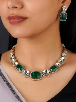 Green Color Faux Polki Necklace Set - PK-S38