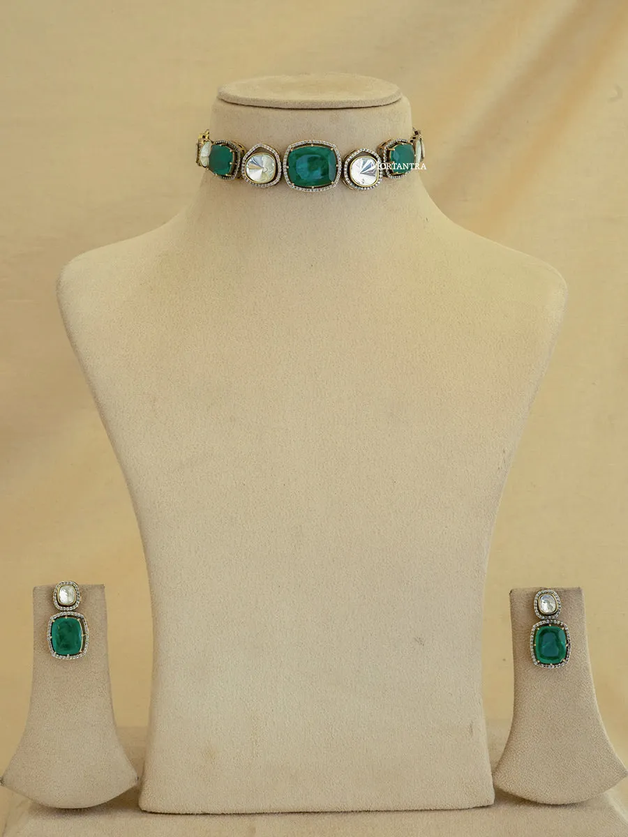 Green Color Faux Polki Necklace Set - PK-S38