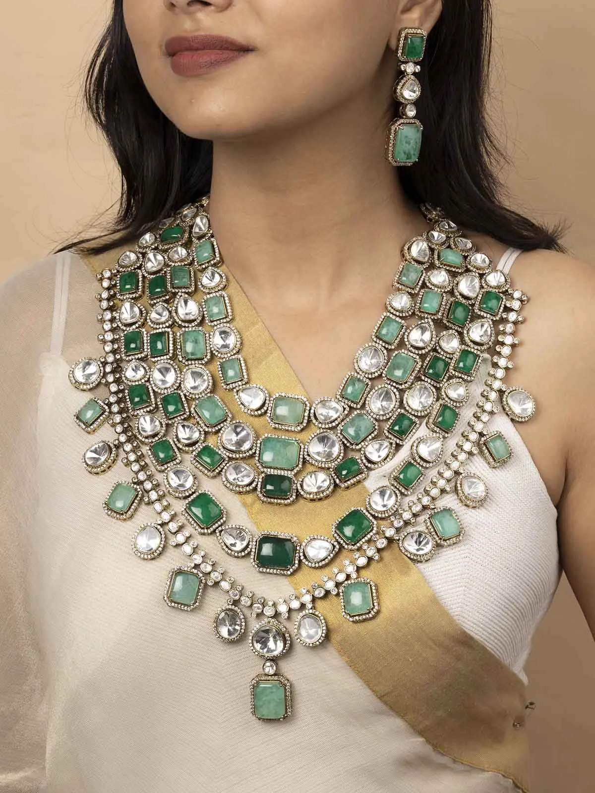 Green Color Gold Plated Faux Polki Bridal Necklace Set - PK-S109