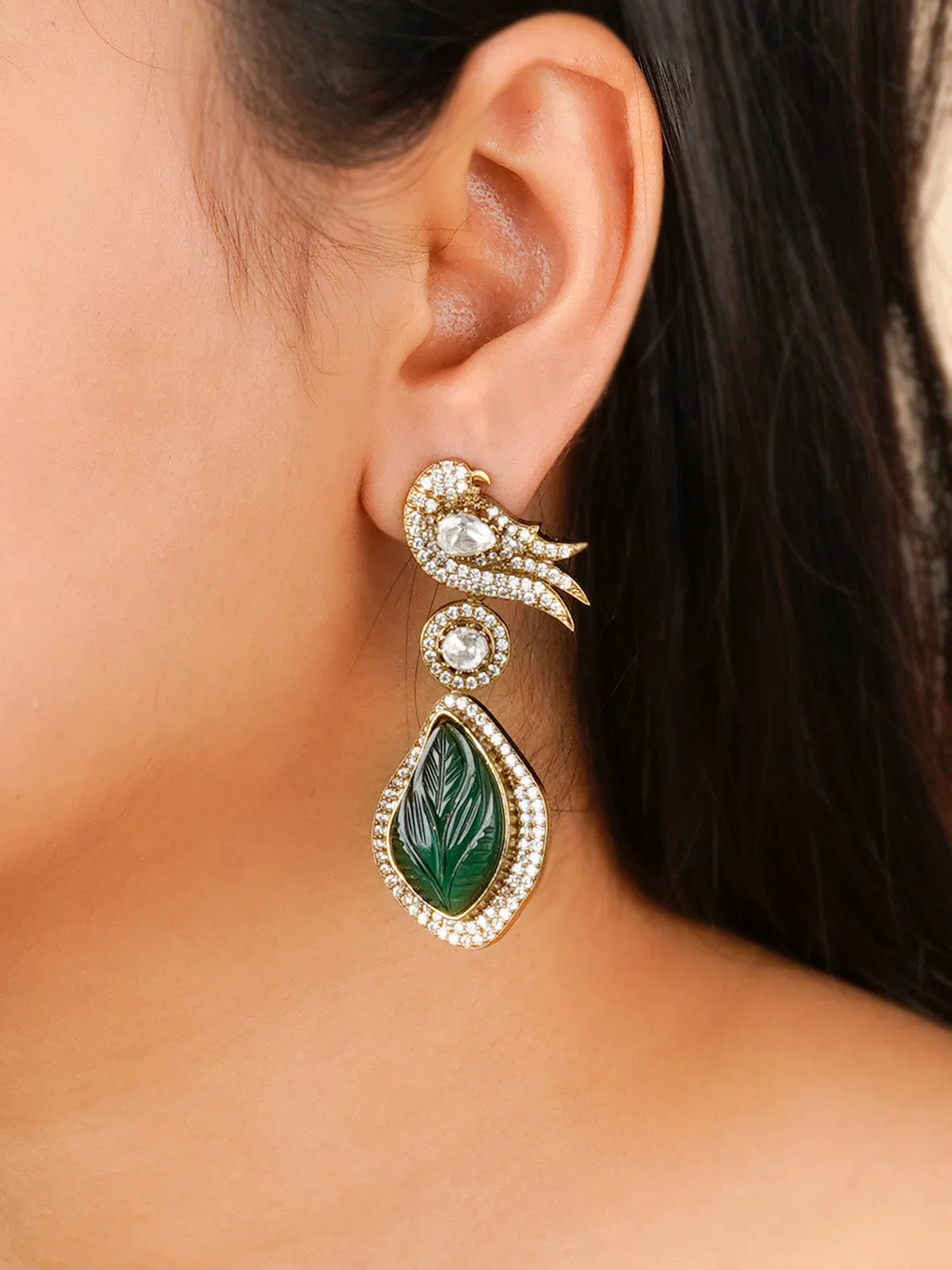 Green Color Gold Plated Faux Polki Earrings - PK-E35GR