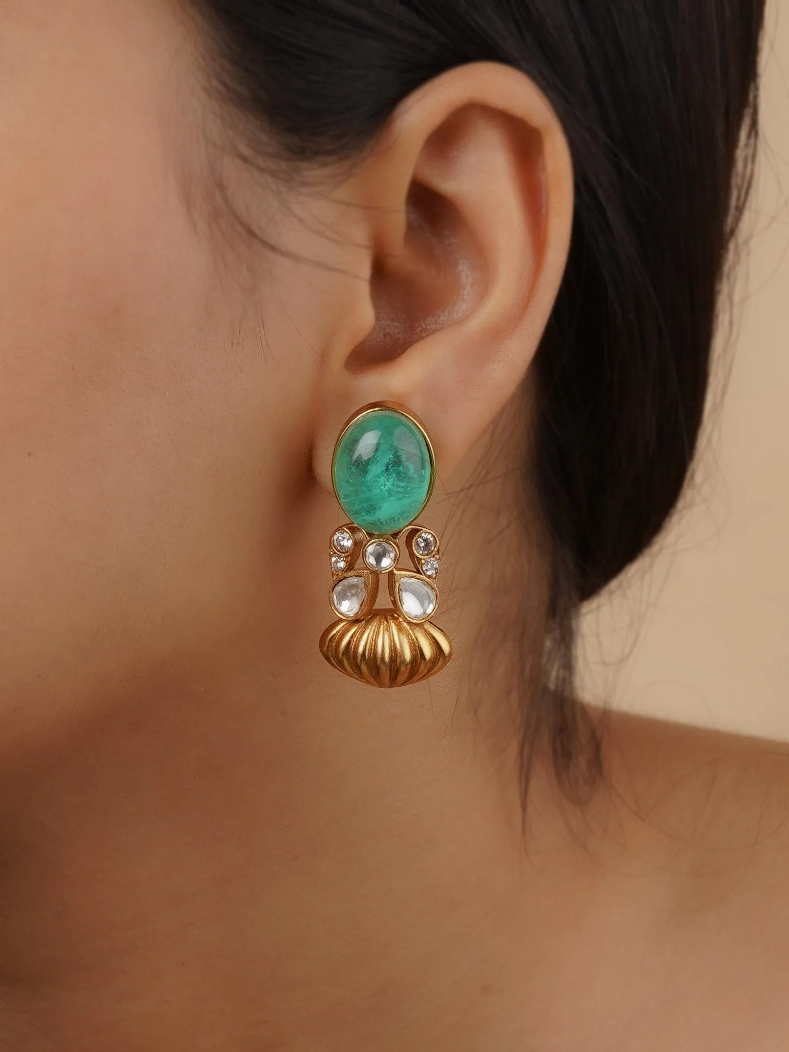 Green Color Gold Plated Faux Polki Earrings - PK-E53LGR