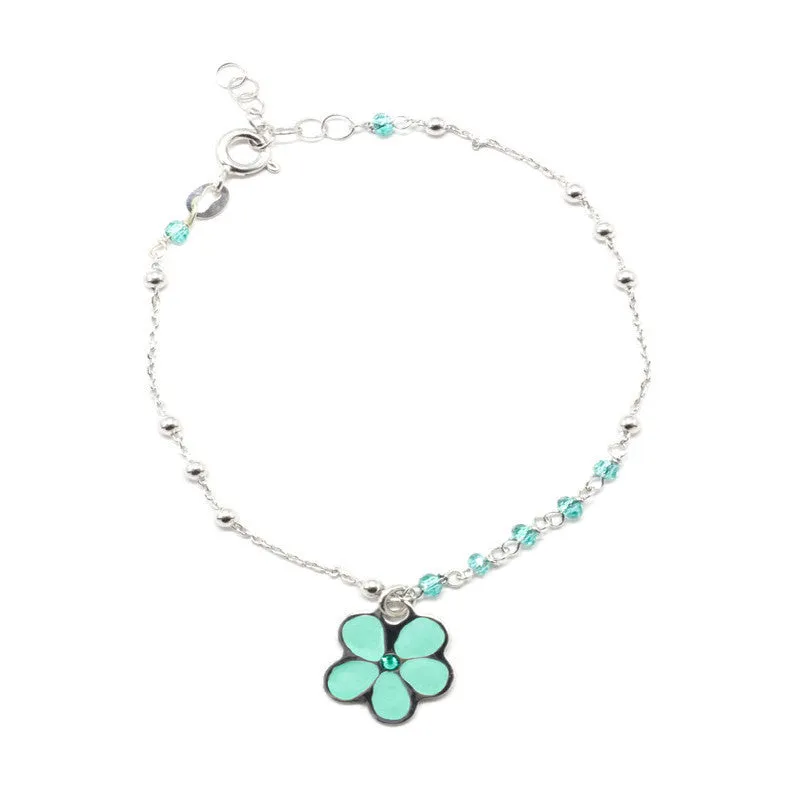 Green Enamel Flower Bracelet in 925 Sterling Silver