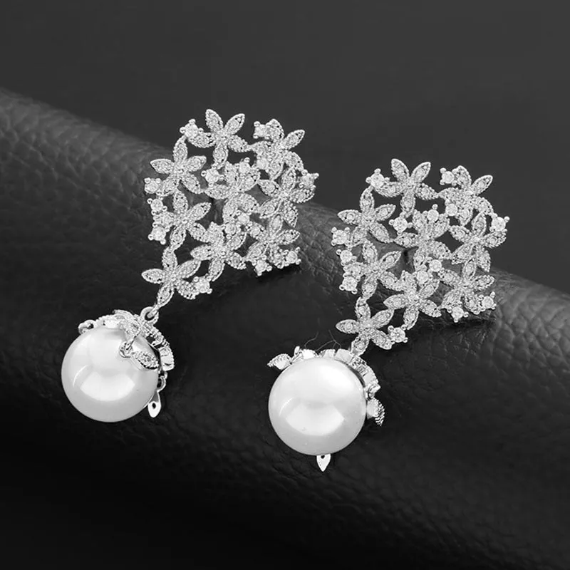 High Quality Cubic Zircon Long Dangle Drop Silver color Pearl Earrings