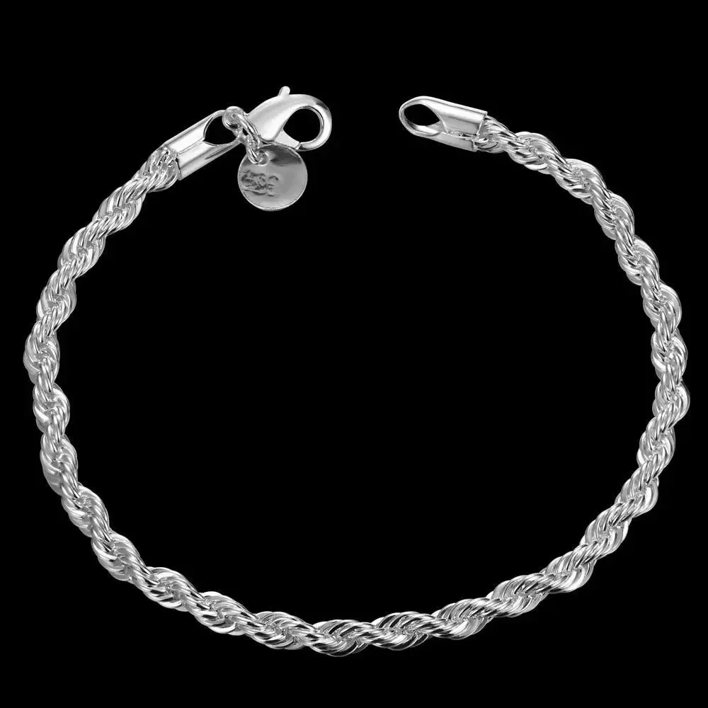 Hot charms 4MM Twisted rope chain 925 Sterling silver Bracelets for man woman Fashion classic jewelry Wedding party Holiday gift