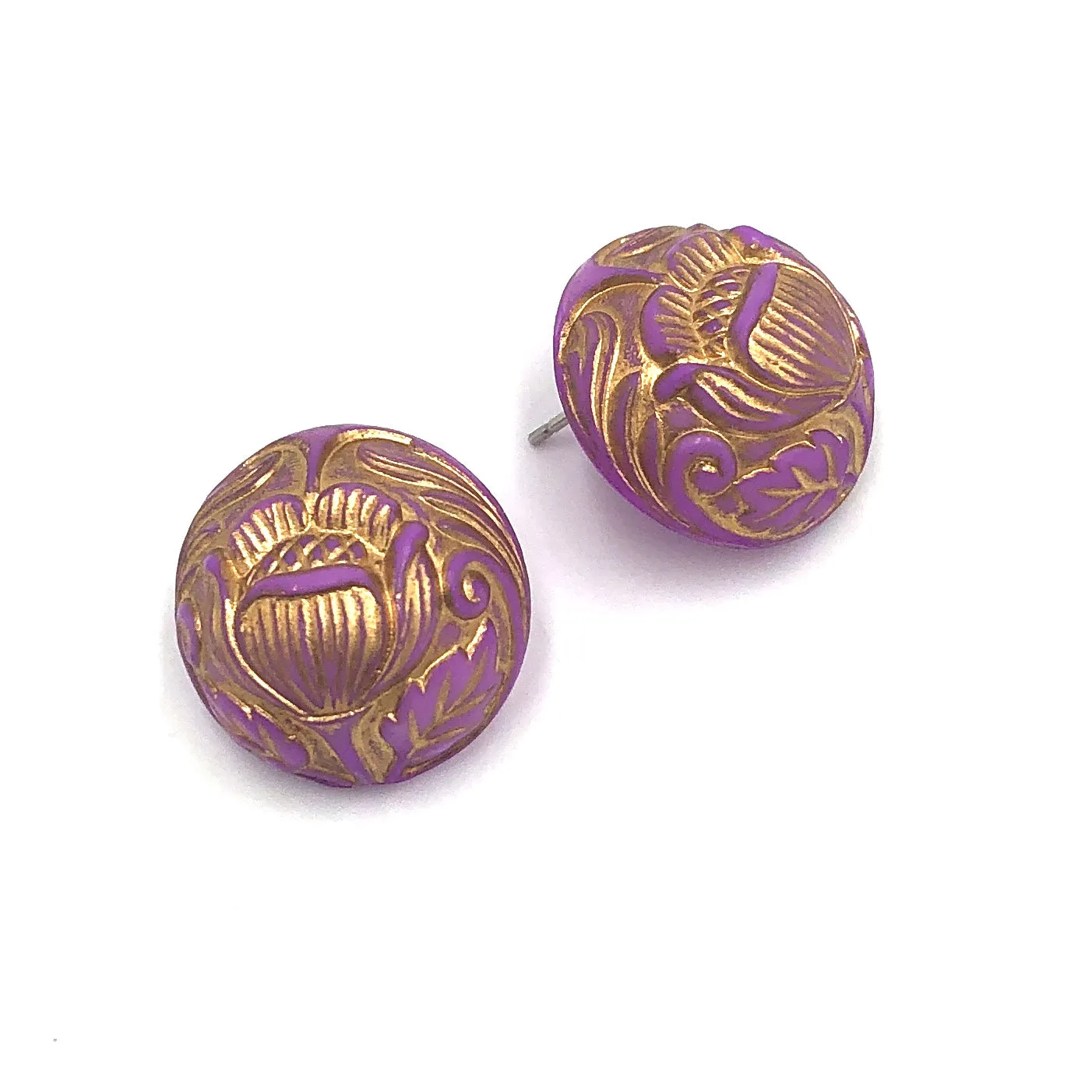 Lilac Tulips Carved Retro Button Stud Earrings