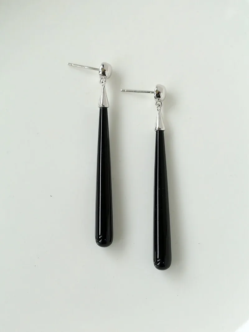 Long Teardrop Black Agate Earrings