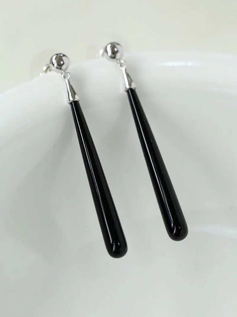 Long Teardrop Black Agate Earrings