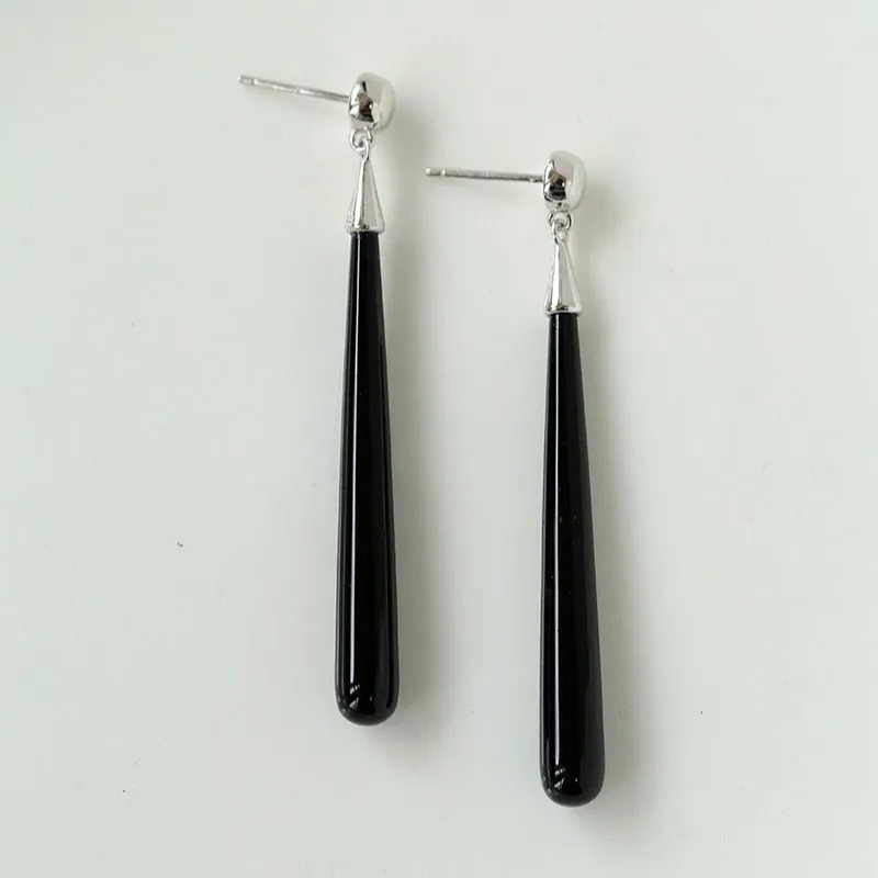 Long Teardrop Black Agate Earrings