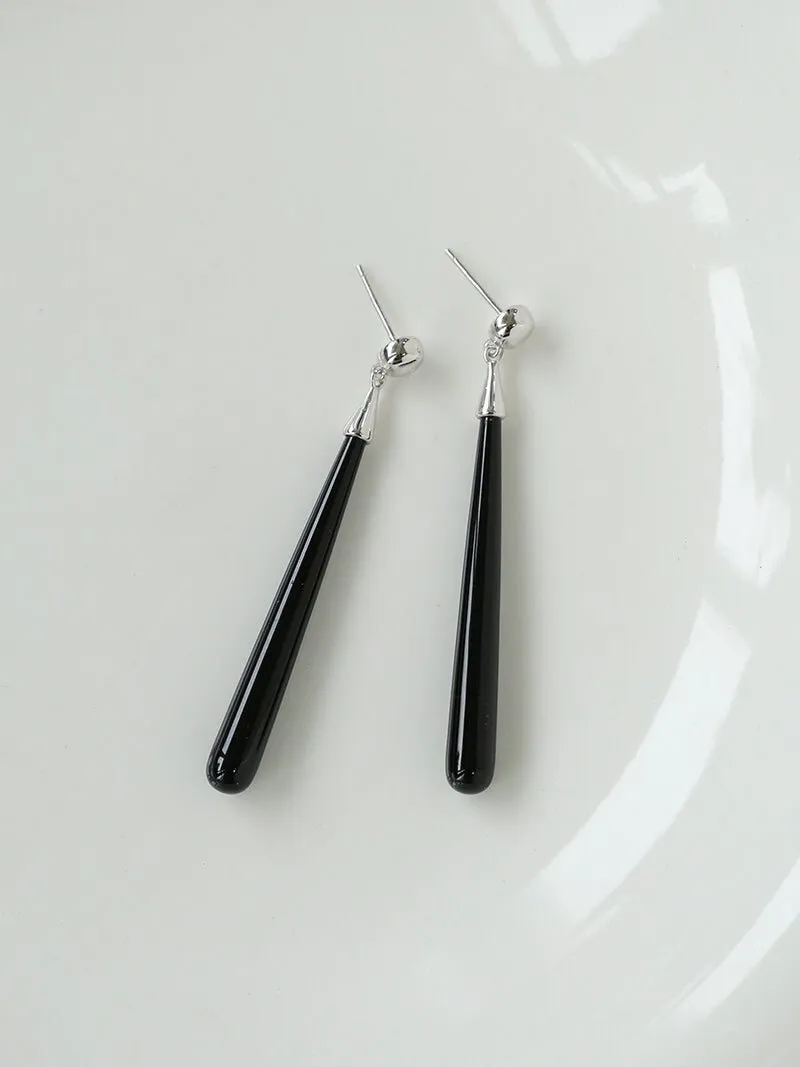 Long Teardrop Black Agate Earrings