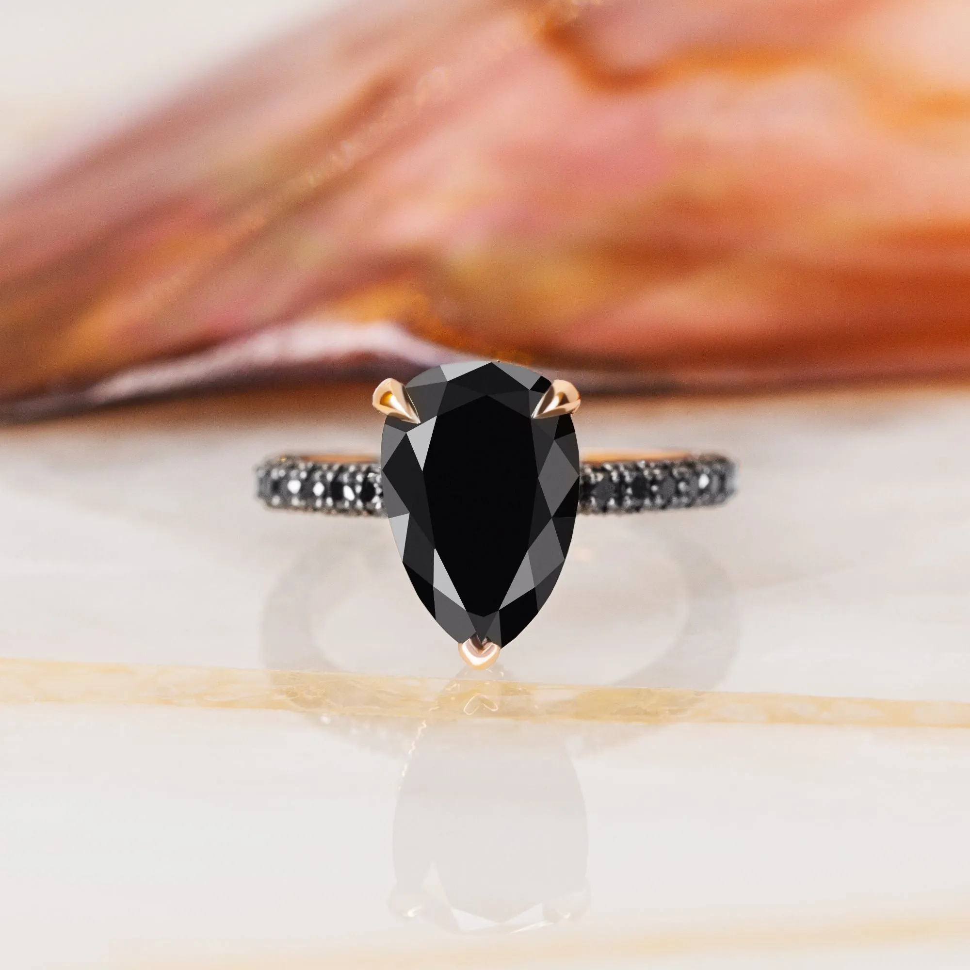 Luar- Three Sided Band Black & White Natural Diamond Pear Cut Engagement Ring