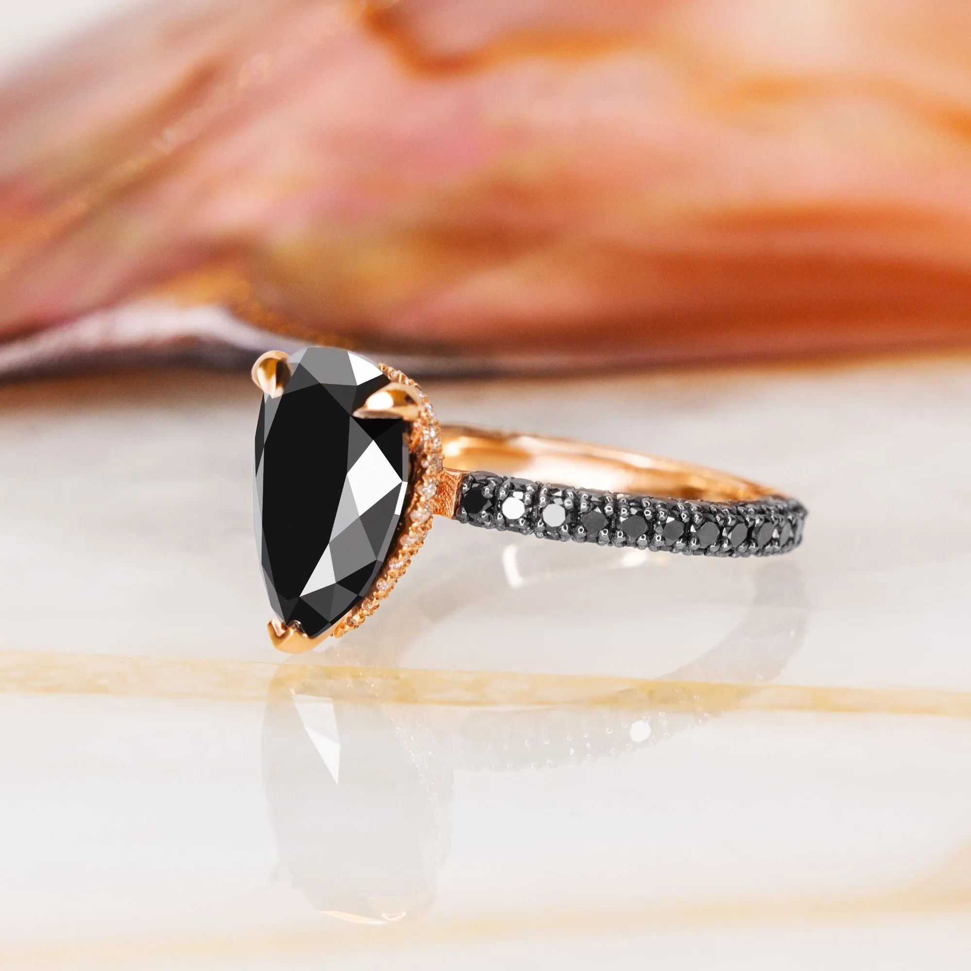 Luar- Three Sided Band Black & White Natural Diamond Pear Cut Engagement Ring