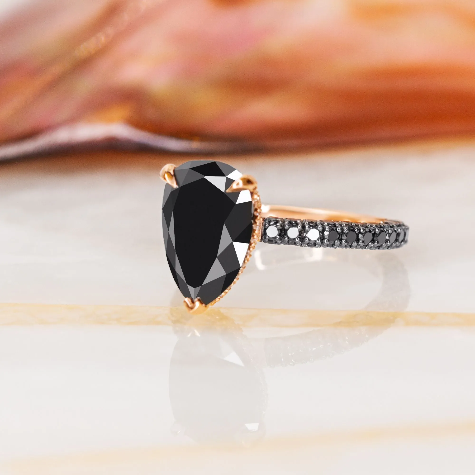 Luar- Three Sided Band Black & White Natural Diamond Pear Cut Engagement Ring