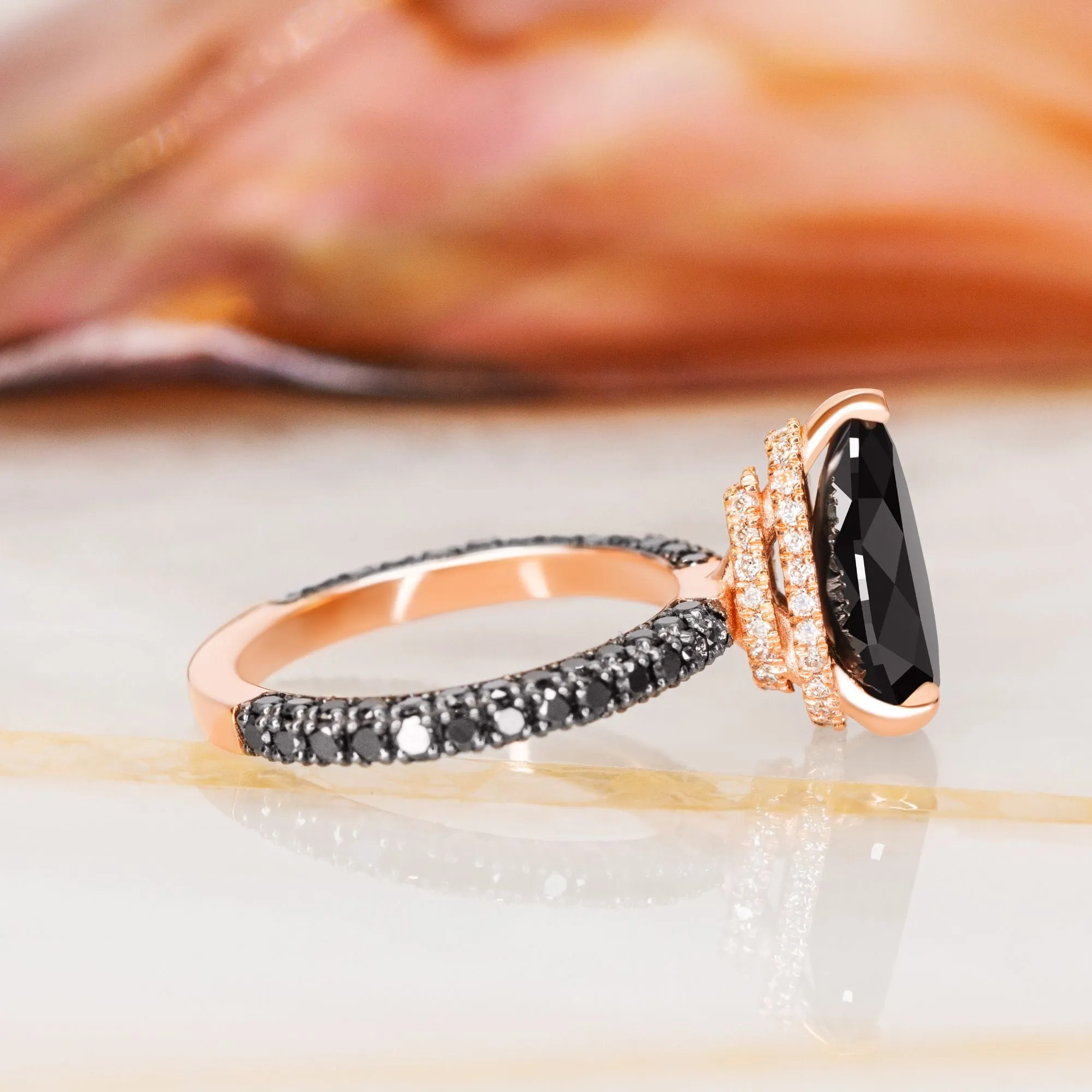 Luar- Three Sided Band Black & White Natural Diamond Pear Cut Engagement Ring