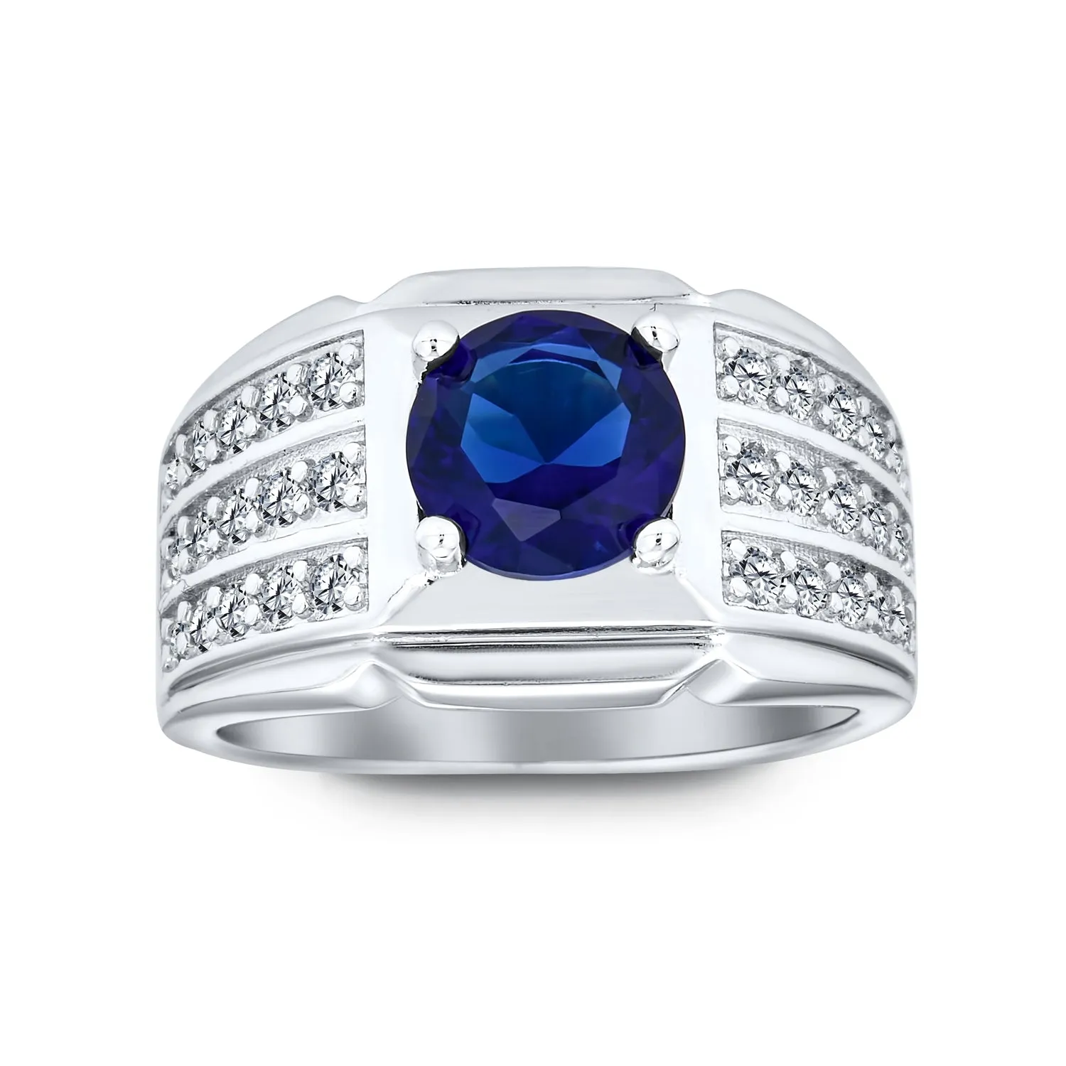 Mens Stainless Steel Ring with Blue Sapphire CZ Solitaire and Pave Band Design