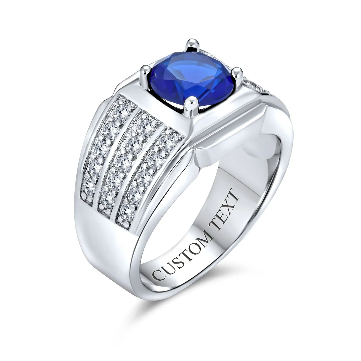 Mens Stainless Steel Ring with Blue Sapphire CZ Solitaire and Pave Band Design