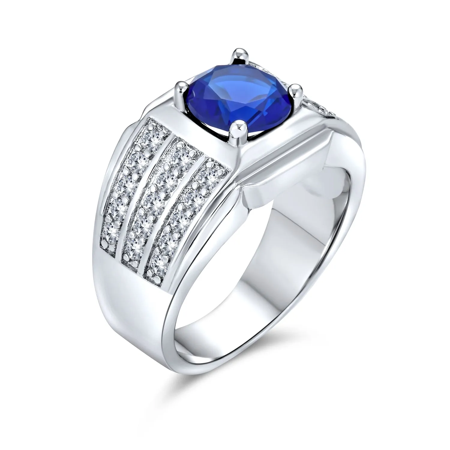 Mens Stainless Steel Ring with Blue Sapphire CZ Solitaire and Pave Band Design