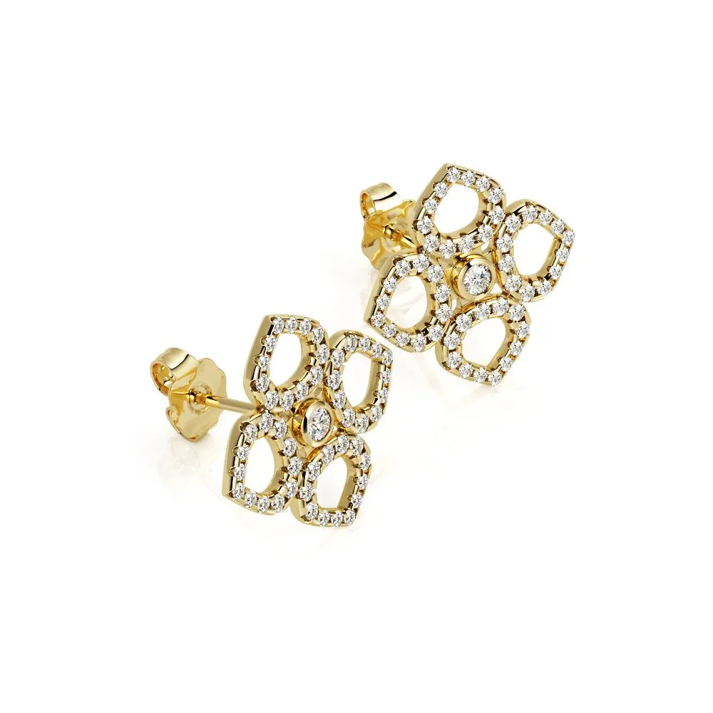 Mirror Reflection Double Halo Earrings 1 Natural Diamonds in Yellow Gold