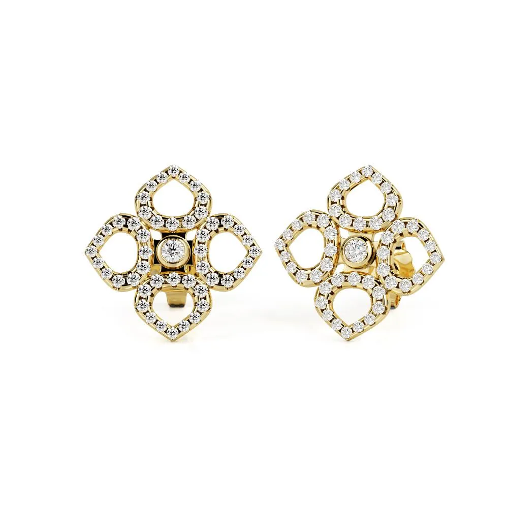 Mirror Reflection Double Halo Earrings 1 Natural Diamonds in Yellow Gold