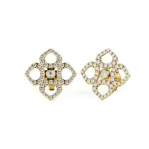 Mirror Reflection Double Halo Earrings 1 Natural Diamonds in Yellow Gold