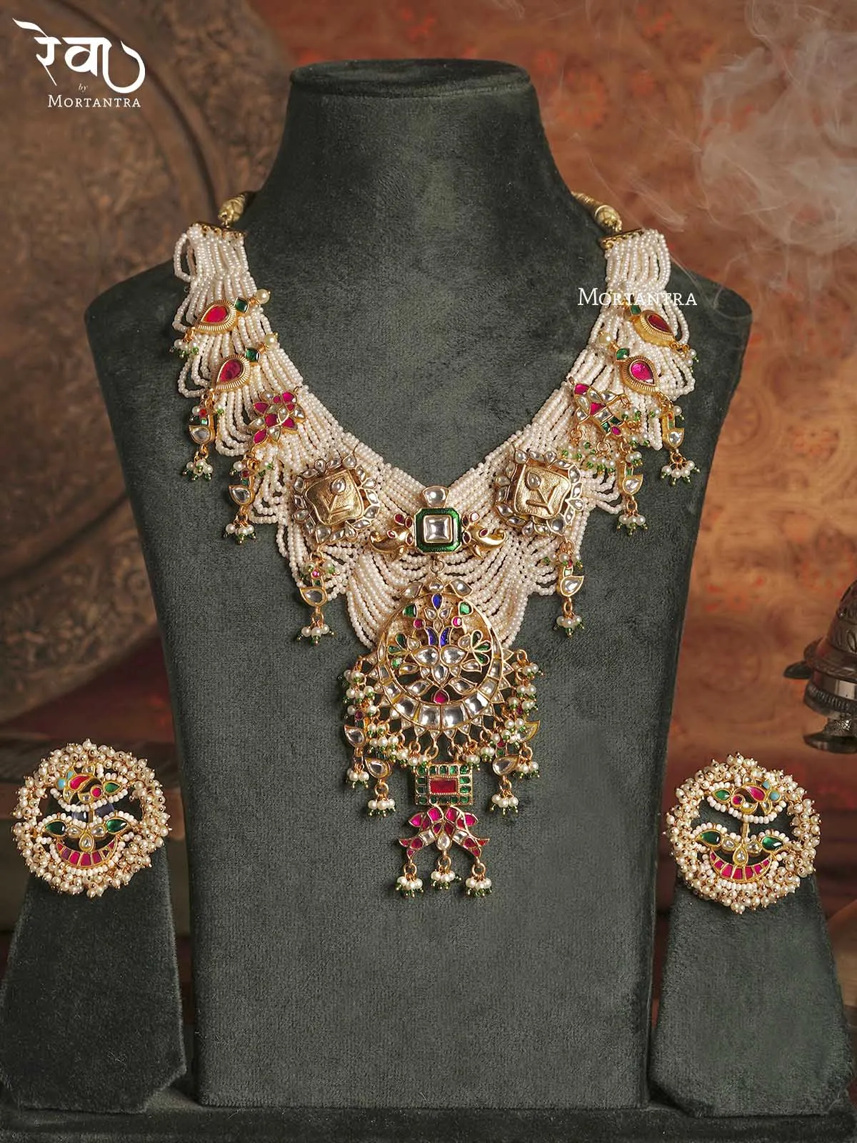 Multicolor Gold Plated Jadau Kundan Bridal Necklace Set - MO-S16M