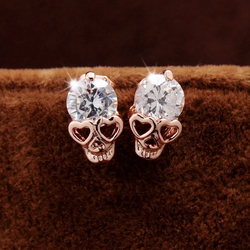 New arrival Women's Fashion18k Yellow Gold Plated CZ Diamond accessories Skull Pierced Stud Earrings Jewelry Gifts