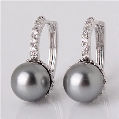 New Fashion Round Ball Crystal Zirconia Jewelry 18K Gold Plated Hoop Earrings White/Gray Pearl Wedding Earring for Women