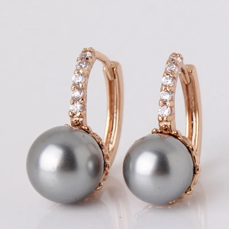 New Fashion Round Ball Crystal Zirconia Jewelry 18K Gold Plated Hoop Earrings White/Gray Pearl Wedding Earring for Women