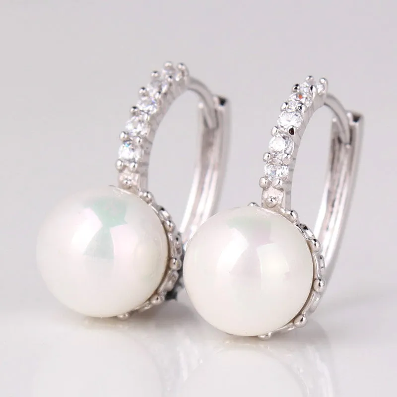 New Fashion Round Ball Crystal Zirconia Jewelry 18K Gold Plated Hoop Earrings White/Gray Pearl Wedding Earring for Women