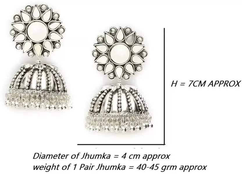 Nityakshi Women's oversized German Silver Statement Mirror Work Jhumka Earring