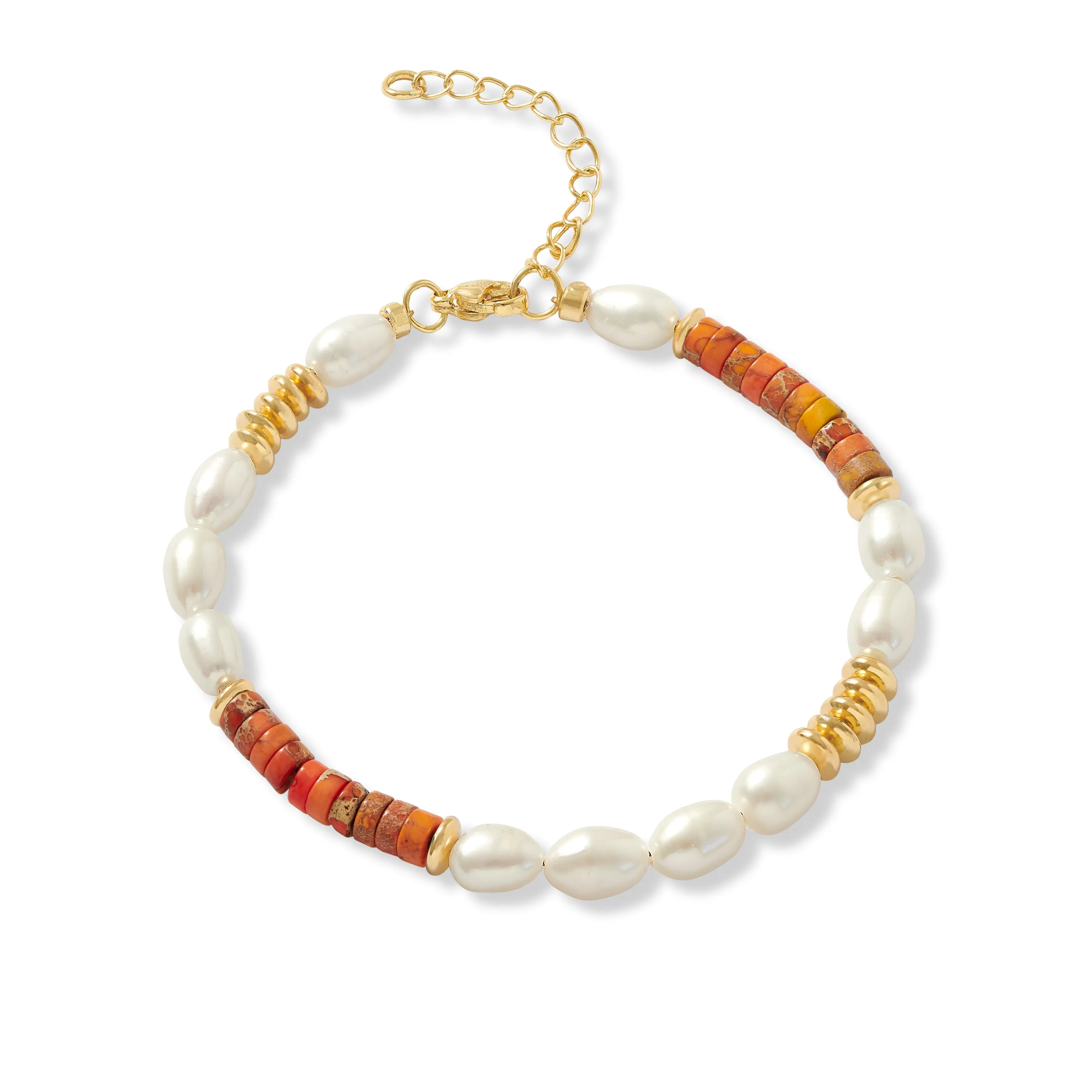 Nova oval cultured freshwater pearl bracelet with orange jasper & gold beads