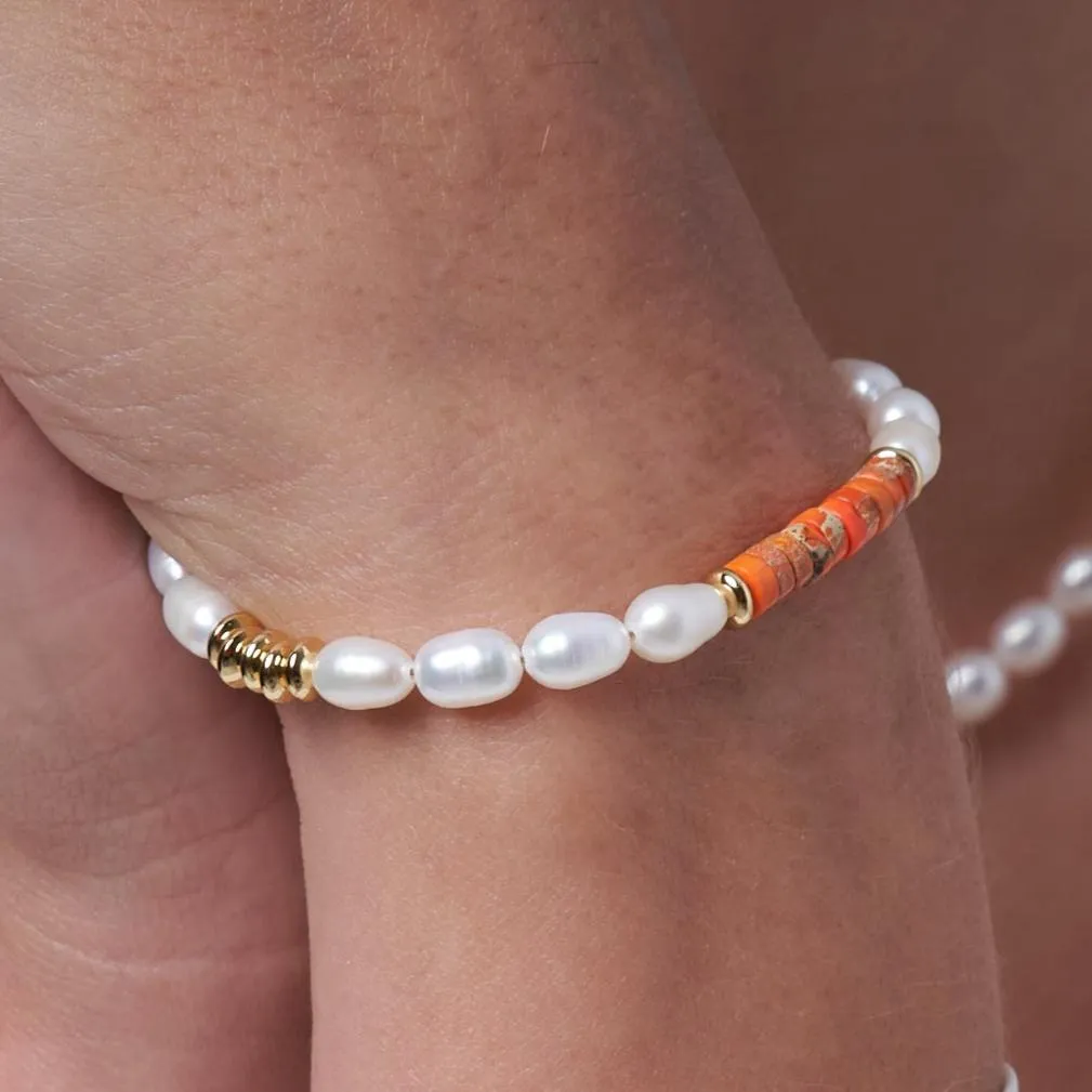 Nova oval cultured freshwater pearl bracelet with orange jasper & gold beads