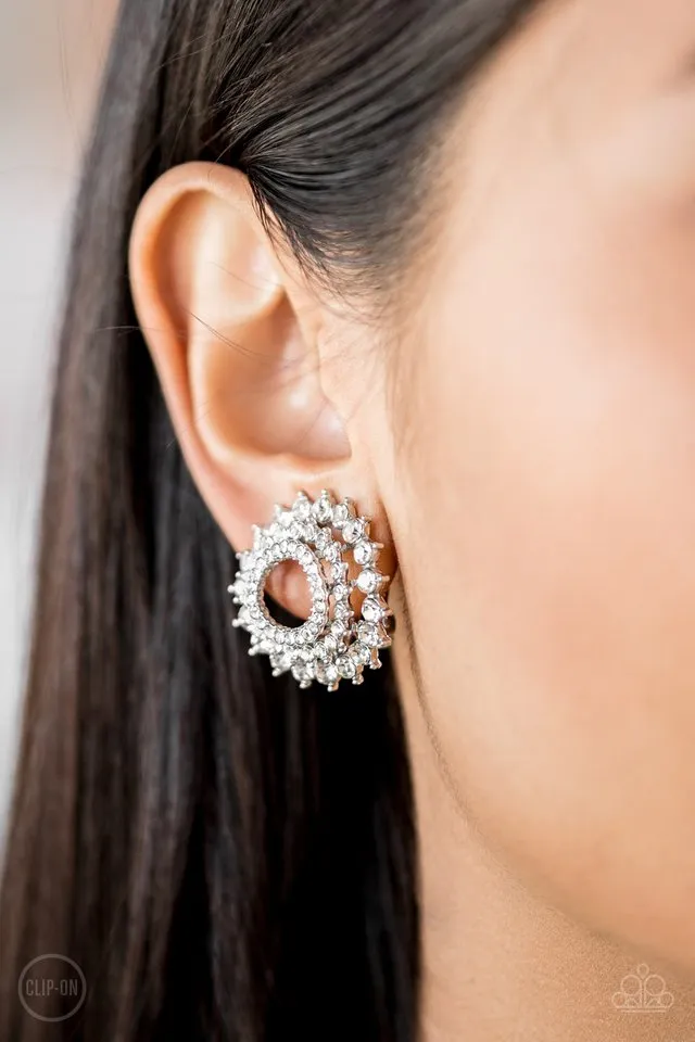 Paparazzi Earring ~ Buckingham Beauty - White Clip-On