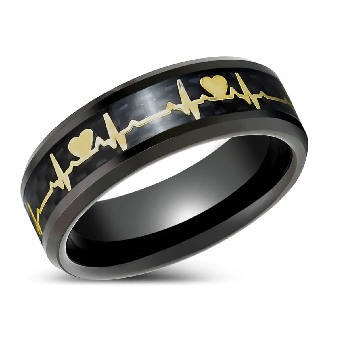 PEAPACK | Black Tungsten Ring Yellow Heartbeat Cutout Inlay