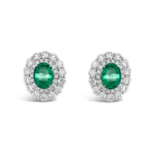 Regal Collection® Emerald and Diamond Halo Earrings Oval | White Gold