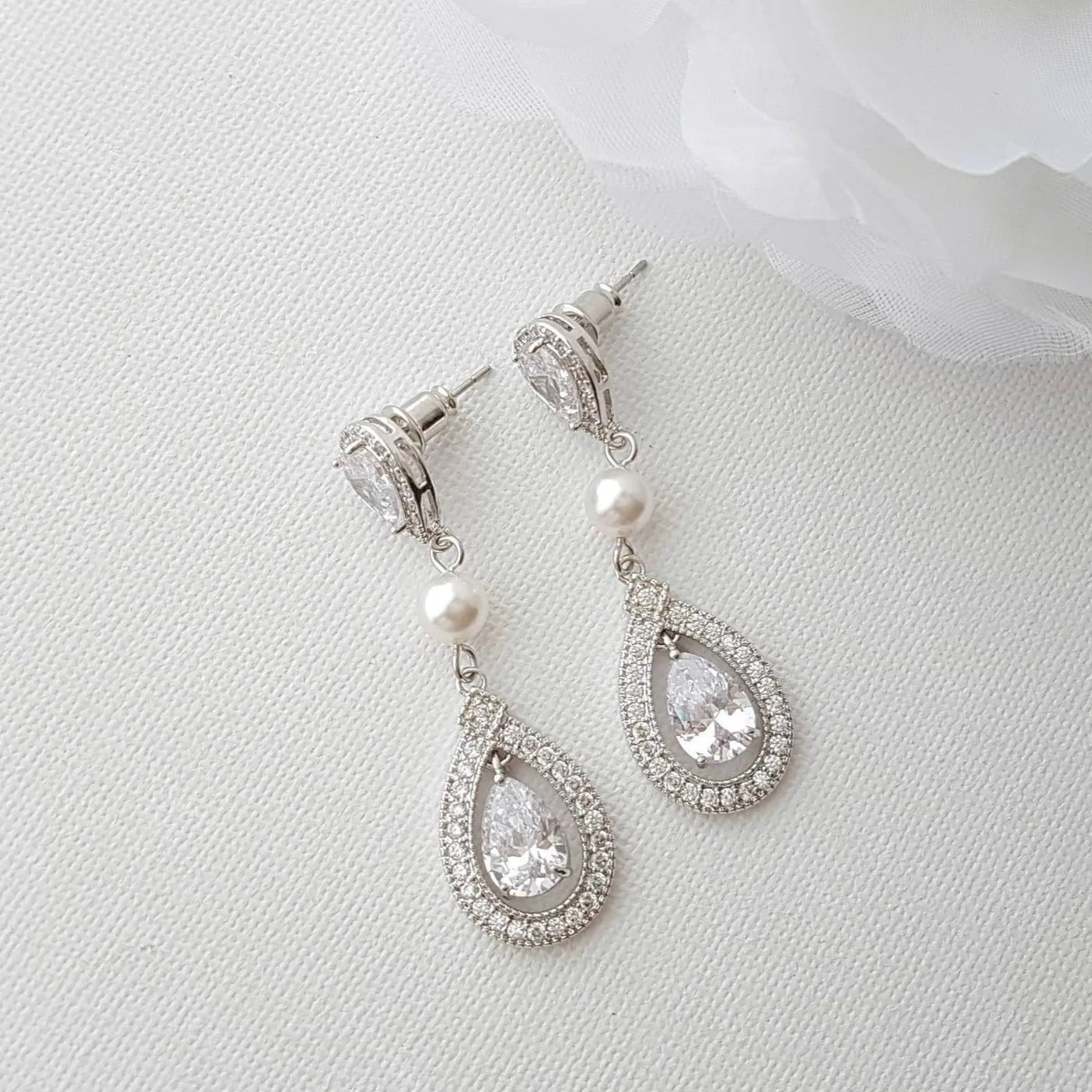 Rose Gold Bridal Earrings in Pearls & Cubic Zirconia-Sarah