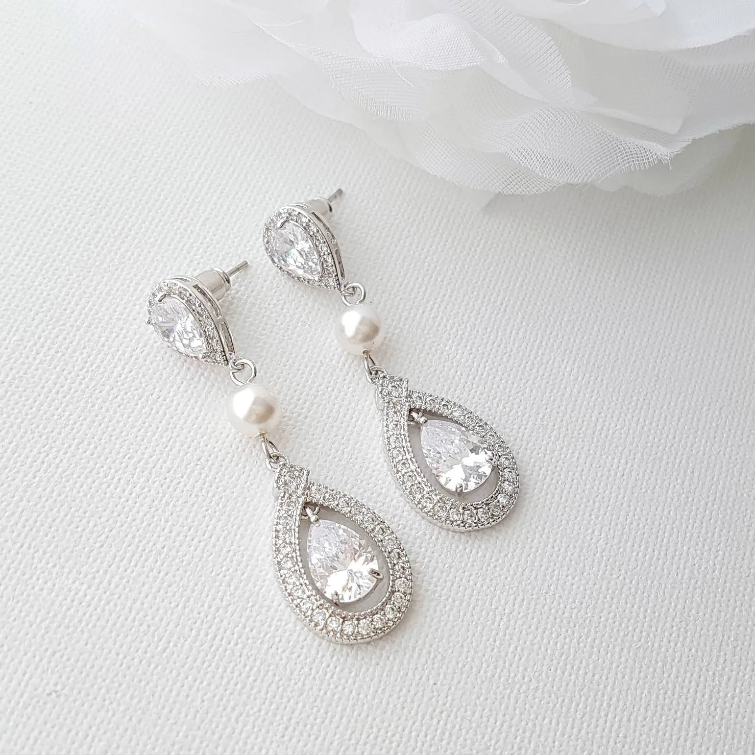 Rose Gold Bridal Earrings in Pearls & Cubic Zirconia-Sarah